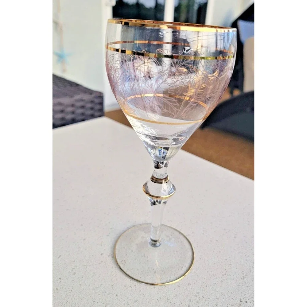 Vintage Crystal Wine Glasses Gold Etched & Banded Stemware Set/2